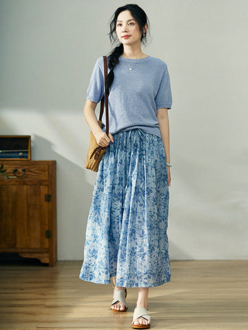 Women Summer Artsy Leaf Pleat Drawstring Ramie Skirt