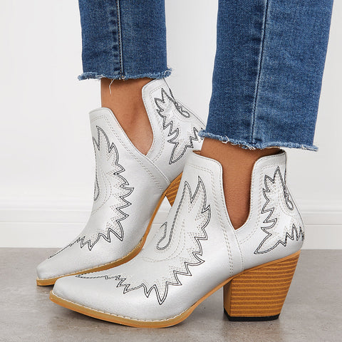 Western Ankle Cowgirl Boots Slip on Cutout Chunky Heel Booties