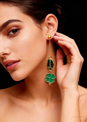 Modern Green Leaf Metal Long Tassels Drop Earrings
