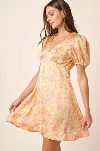 Floral V-Neck Puff Sleeve Mini Summer Dress