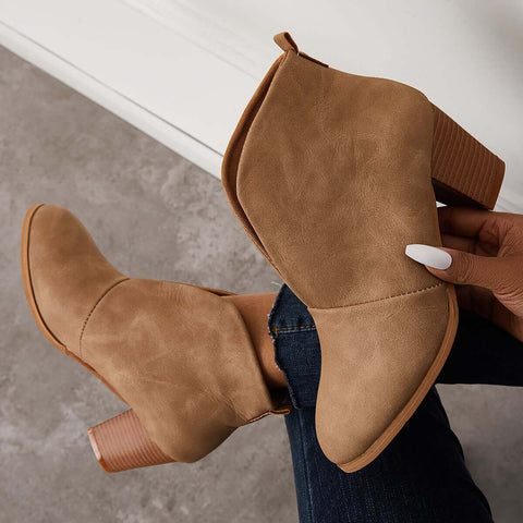 Retro Western V Cut Ankle Boots Slip On Chunky Stacked Heel Booties