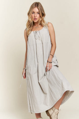 Beige Grey Drawstring Slit Back Cargo Midi Dress