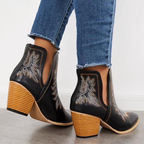 Western Ankle Cowgirl Boots Slip on Cutout Chunky Heel Booties