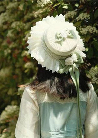Style Hellgrüner Sonnenhut aus gewebtem Stroh mit Spitzenschleife und Blumenmuster