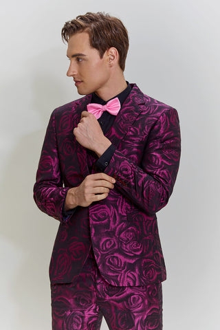 Fuchsiafarbener, floraler Jacquard-Ballanzug für Herren, 3-teilig