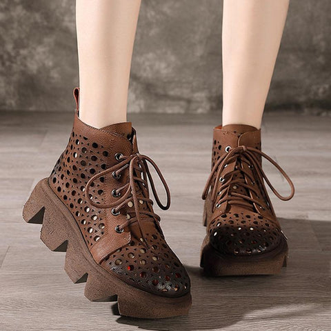 Leather Retro Lace-Up Thick-Soled Ethnic Hollow Boots
