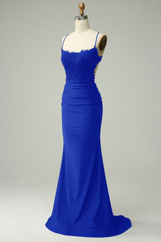 Mermaid Spaghetti Straps Dark Green Long Prom Dress with Appliques