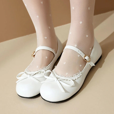 - Spring Autumn Pink White Mary Janes Flat Shoes Woman Round Toe Buckle Strap Lolita Girls Student Ballet Flats Plus Size 43 44 45
