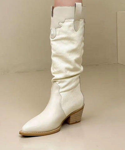 White Long Boots Fashion Splicing Chunky Pointed Toe