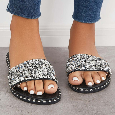 Rhinestone Slip on Flat Sandals Sparkly Slippers