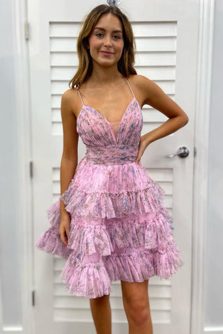 Wunderschönes kurzes Homecoming-Kleid in A-Linie mit Spaghettiträgern und rosa Blumenmuster