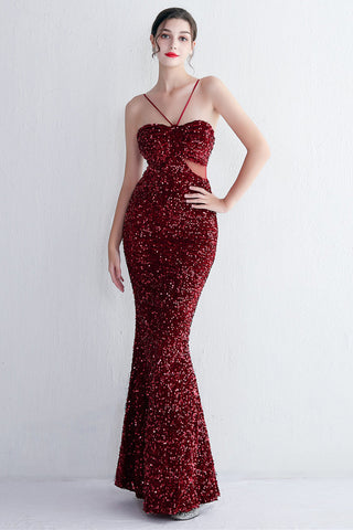 Mermaid Halter Black Sequins Long Prom Dress with Keyhole