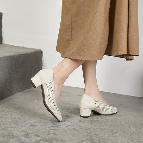 Summer Solid Hollow Leather Heel Casual Shoes