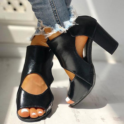 Peep Toe Cut Out Ankle Boots Chunky Block Heel Booties