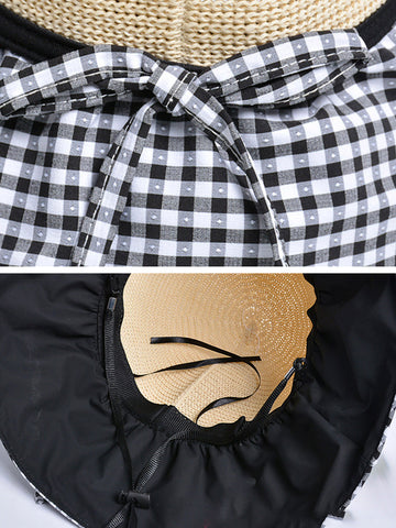 Summer Casual Straw Spliced Plaid Drawstring Hat