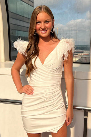 Trendy Bodycon V Neck White Short Homecoming Dress with Feather