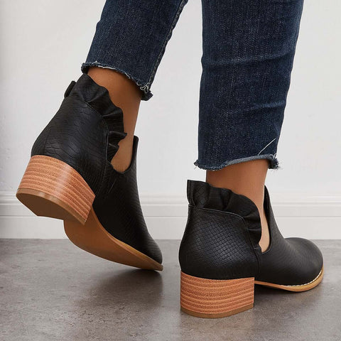 V-Cut Ruffle Ankle Boots Slip on Chunky Stacked Heel Booties