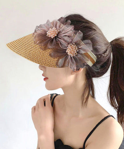 Stylish Beige Tulle Flower Empty Top Sunshade Hat Summer