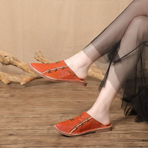 Women Summer Retro Leather Flat Slippers