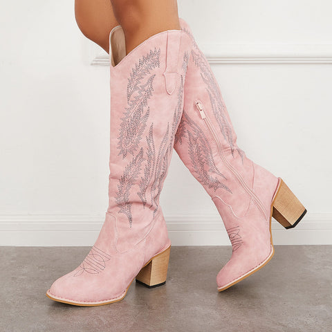 Embroidered Western Cowboy Boots Chunky Heel Knee High Riding Boots