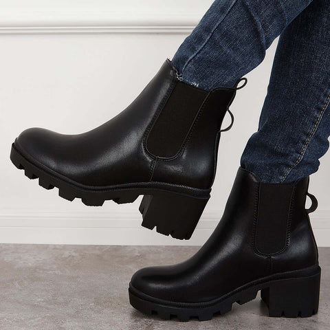 Faux Leather Chelsea Chunky Heel Ankle Boots Lug Sole Booties
