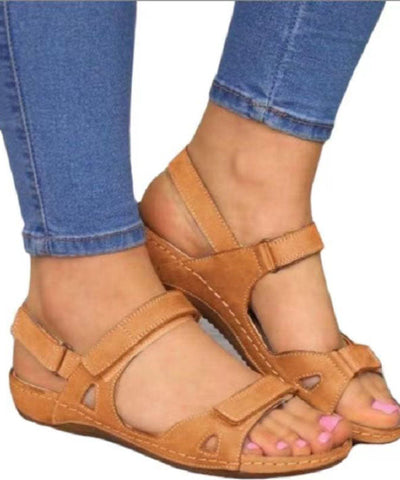 0508Boho Splicing Peep Toe Wedge Sandals Brown Faux Leather