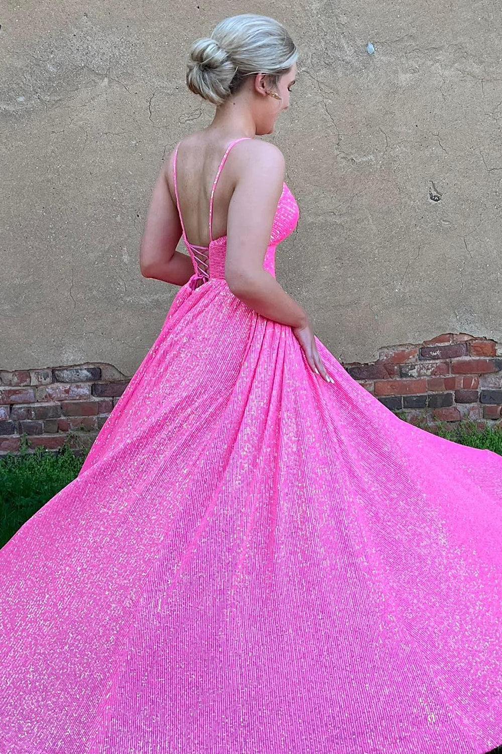 Fuchsia Sequins Spaghetti Straps A-Line Long Prom Dress