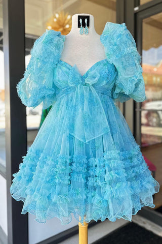 A-Line Sweetheart Puff Sleeves Light Green Floral Short Homecoming Dress with Ruffles