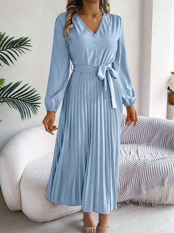 Plissiertes, gebundenes Midikleid mit V-Ausschnitt und langen Ärmeln