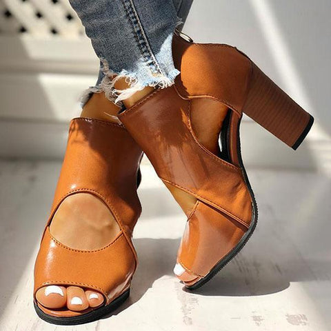 Peep Toe Cut Out Ankle Boots Chunky Block Heel Booties