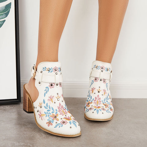 Pink Cutout Embroidered Chunky Heels Ankle Strap Slingback Sandals