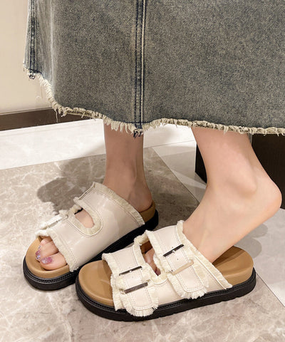 New Beige Splicing Platform Slide Sandals Peep Toe