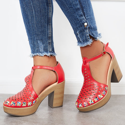 Platform Block Chunky High Heels Ankle T-Strap Cutout Sandals
