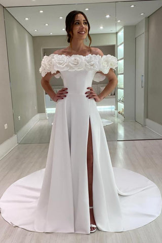 Gorgeous A-Line Chapel Train Off-The-Shoulder Satin Wedding Dresses with Slit