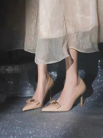 Naked Bow High Heels 2024 Summer New Style Celebrity Sharp Toe Lacquer Leather Thin Heels Shallow Mouth Single Shoes