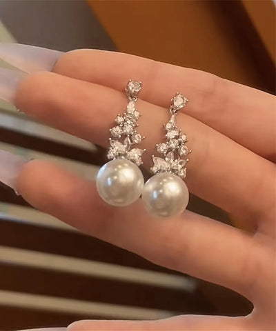 Stylish White Shiny Zircon Pearl Drop Earrings