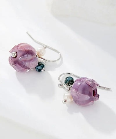 Cute Purple Alloy Pearl Colored Glaze Floral Drop Earrings