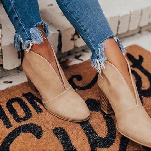 Retro Western V Cut Ankle Boots Slip On Chunky Stacked Heel Booties