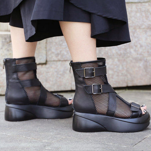 Women Summer Peep Toe Leather Mesh Casual Adjustable Buckle Boots