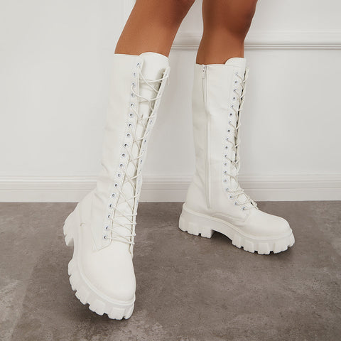 Lace Up Platform Heel Knee High Boots Lug Sole Combat Boots