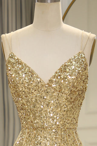 Bling Mermaid Spaghetti Straps Golden Sequins Long Prom Dress with Split Front