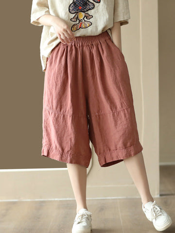 Women Summer Vintage Solid Spliced Pocket Loose Linen Pants