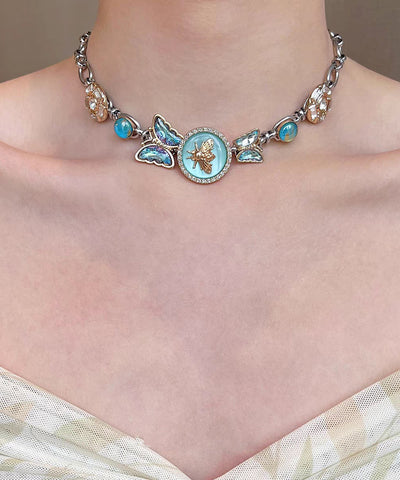 Chic Blue Stainless Steel Crystal Butterfly Beading Pendant Necklace Three-Piece Set