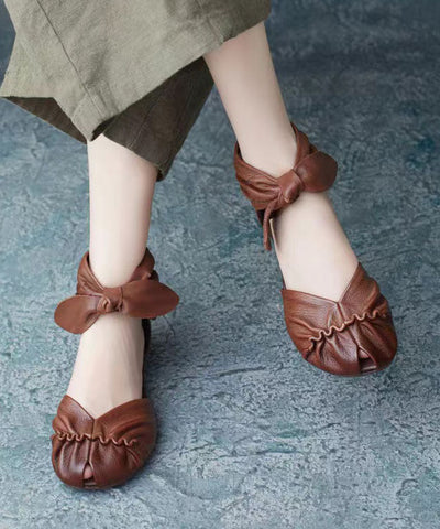 Brown Retro Bow Zippered Splicing Cowhide Leather Hiking Sandals