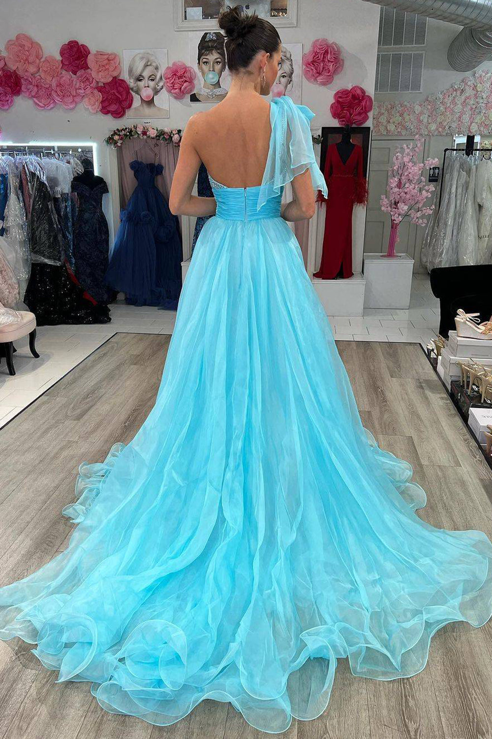 Grand Beauty A Line One Shoulder Sky Blue Long Prom Dress with Beading