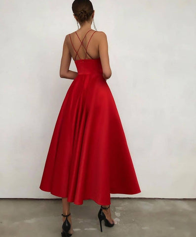 Red Spaghetti-Straps Prom Dress Sleevless Evening Party Gowns