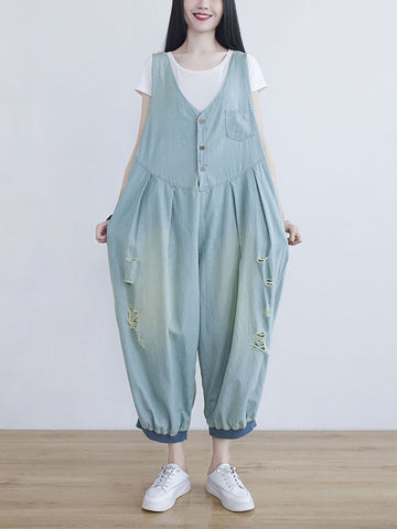 Women Summer Solid Frayed Pleat Pocket Vest Denim Jumpsuits