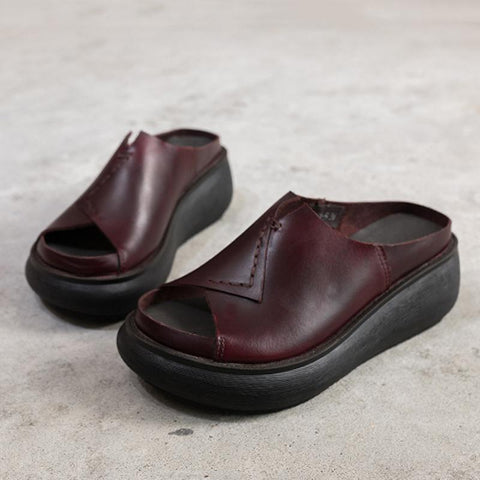 Women 2022 Sewing Platform Casual Leather Slippers