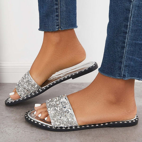Rhinestone Slip on Flat Sandals Sparkly Slippers