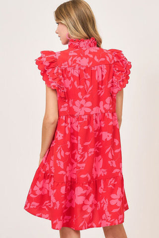 Full Size Floral Print Ruffle Cap Sleeve Mini Vacation Dress